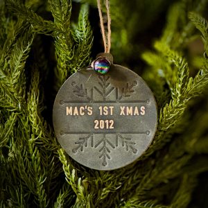Bramble Ram Round Ornament Crazy Horse Green Gold Foil Imprint